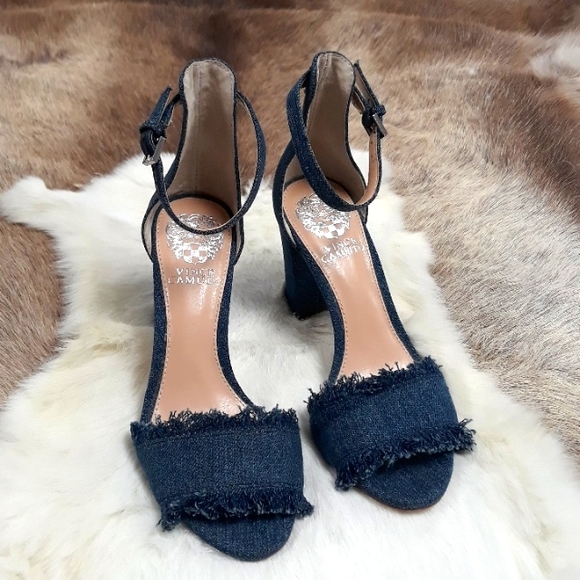 Vince Camuto/ Mid Blue Frayed Denim Chunky Heeled Sandals Size 5M - Picture 5 of 8